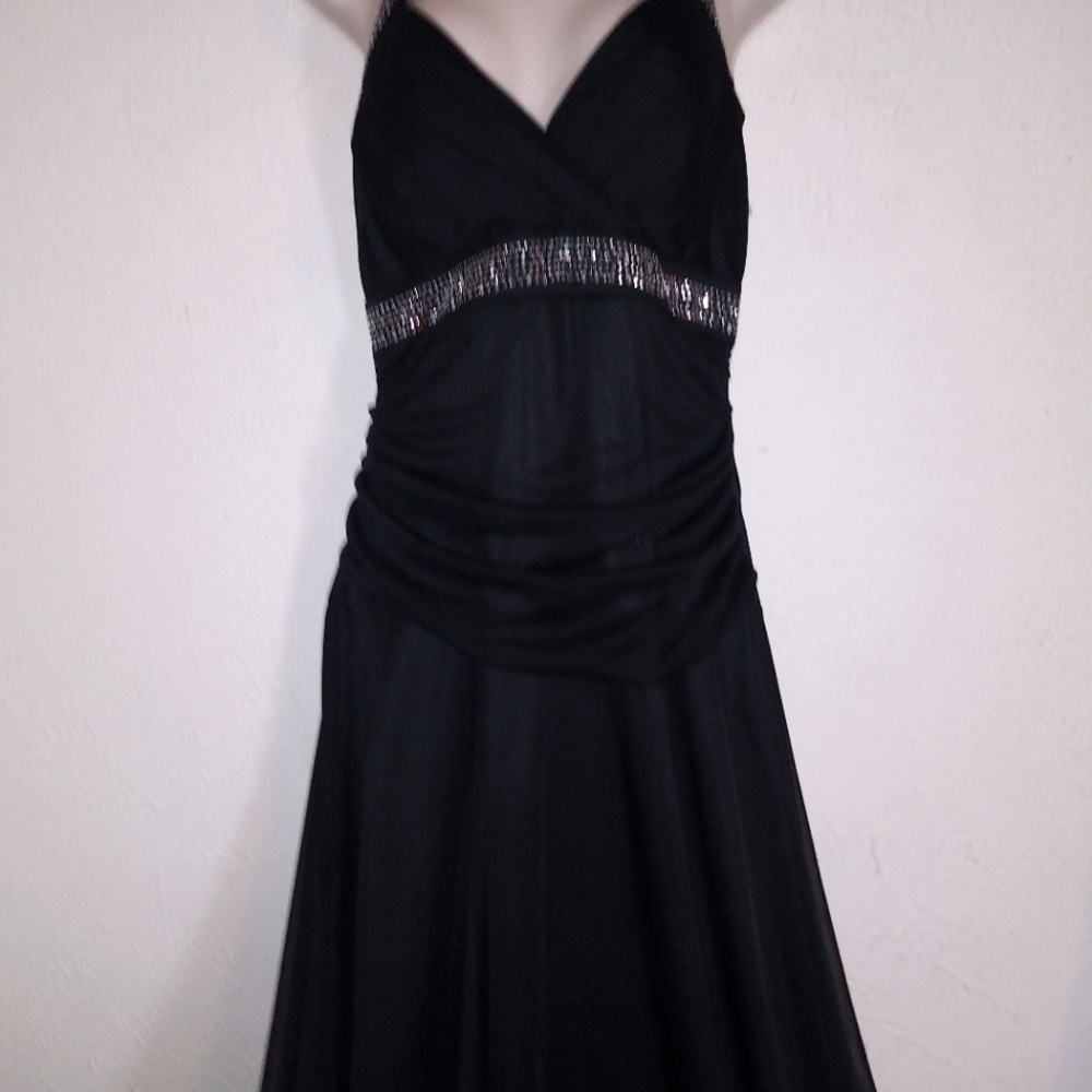 Dressbarn Formal 10 Black Halter Rhinestone Crystal Maxi Dress Long Skirt Prom
